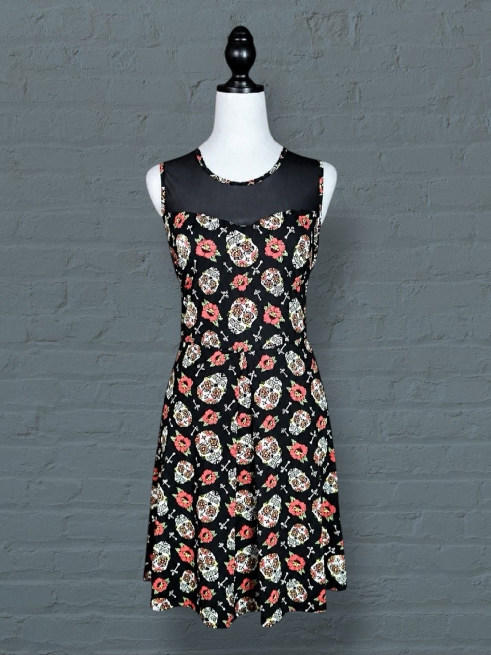 Hot Topic Dress Black Red Rose Sugar Skull Mesh Keyhole Rockabilly Whimsigoth M